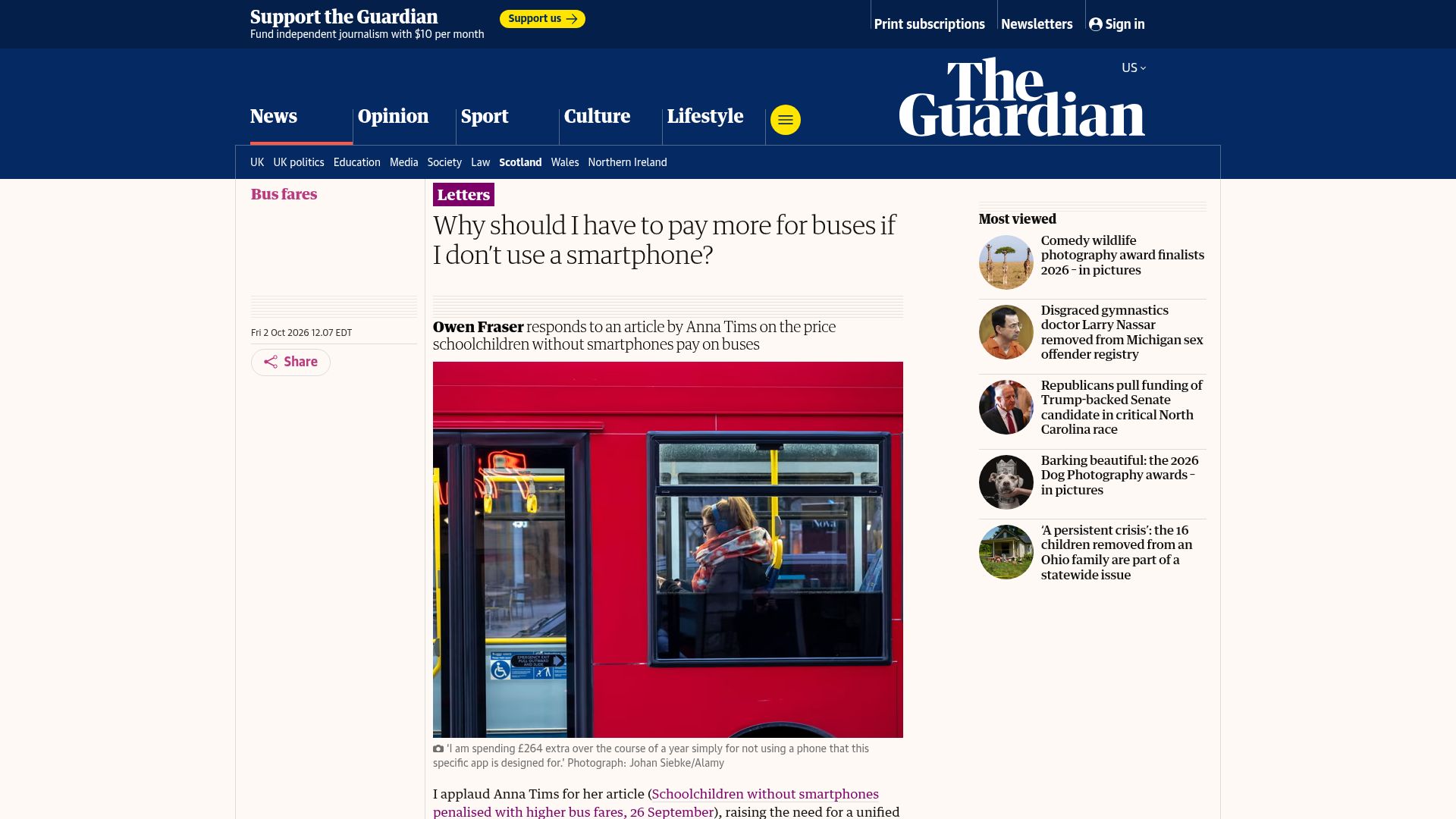 Screenshot of theguardian.com: Why should I have to pay more for buses if I don't use a smartphone?