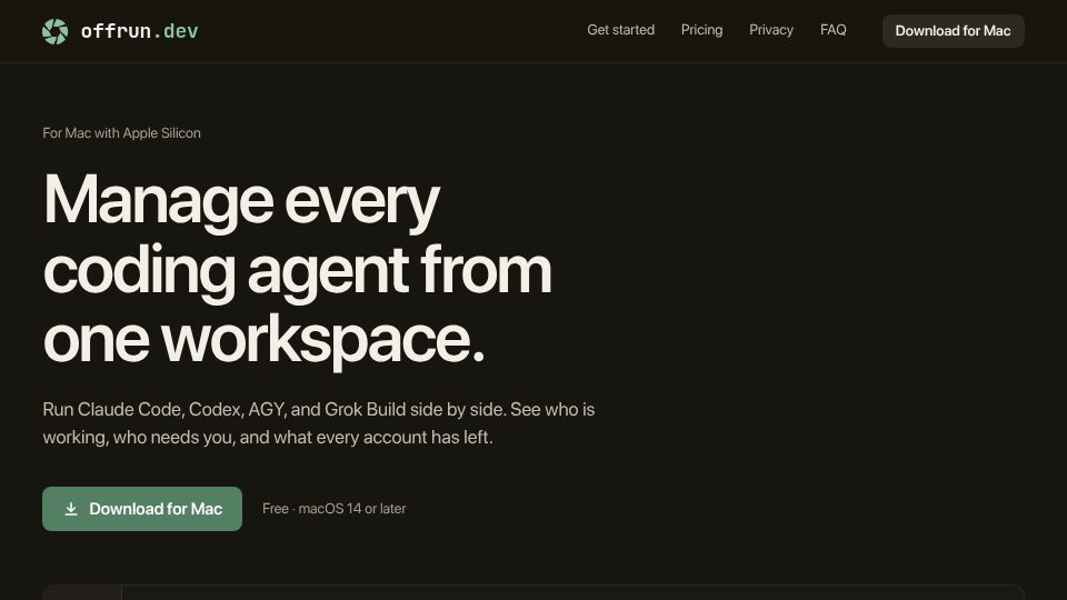Screenshot of offrun.dev: Show HN: Offrun – manage every coding agent from one workspace