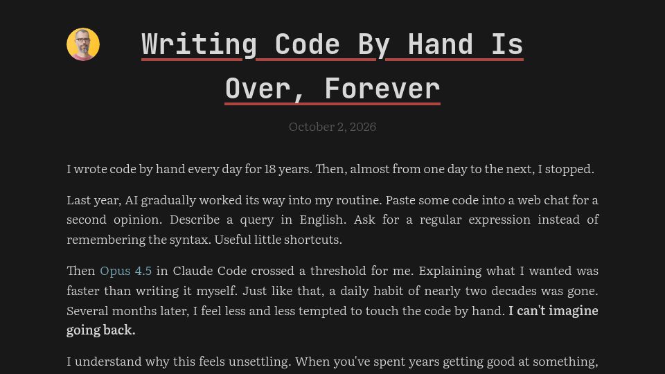 Screenshot of eliocapella.com: Writing code by hand is over, forever