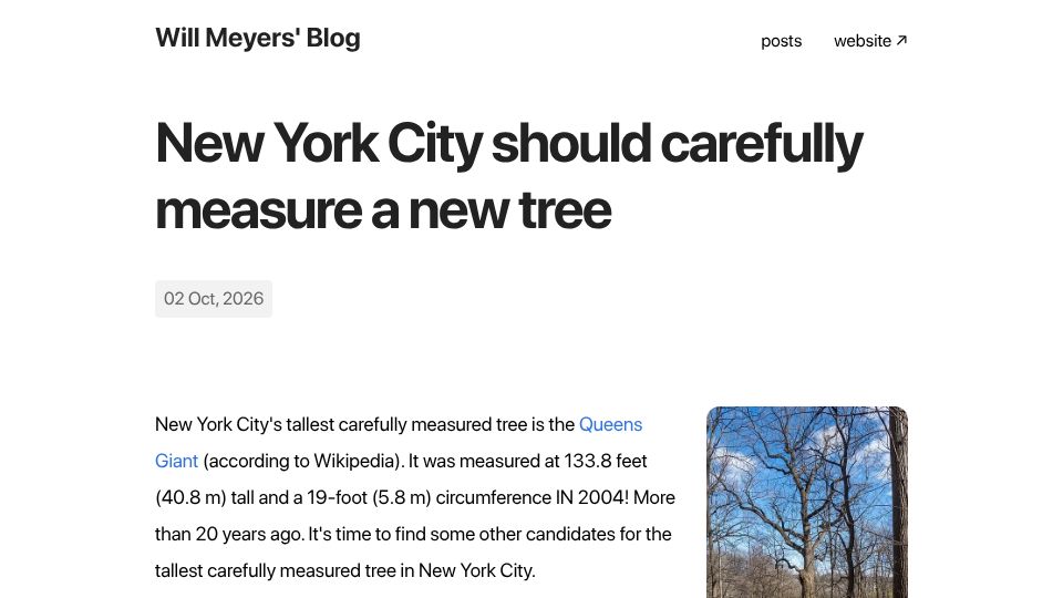 Screenshot of blog.willmeye.rs: New York City should carefully measure a new tree