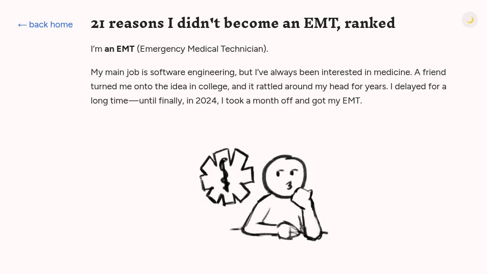 Screenshot of ben.stolovitz.com: Reasons I didn't become an EMT, ranked