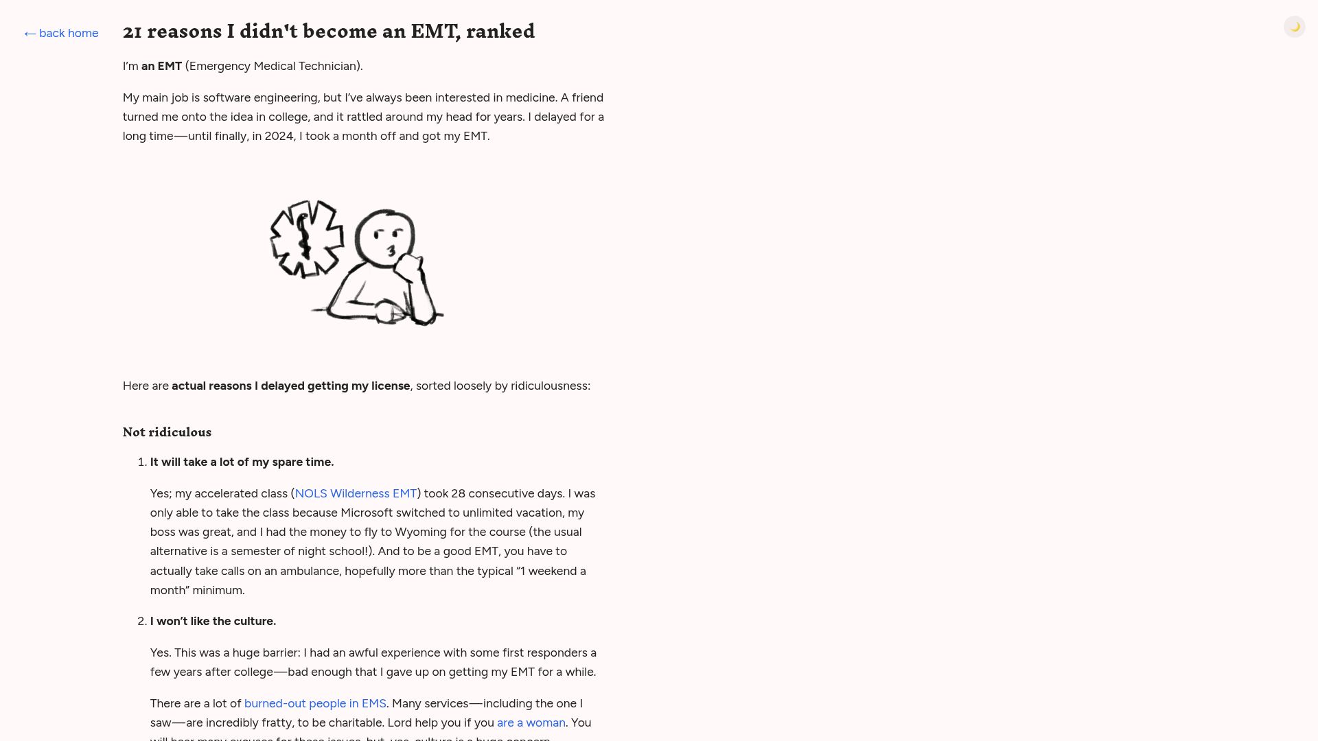 Screenshot of ben.stolovitz.com: Reasons I didn't become an EMT, ranked