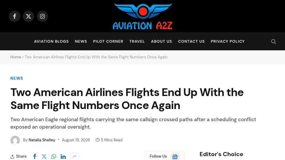 Screenshot of aviationa2z.com: Two American Airlines Flights End Up with the Same Flight Numbers