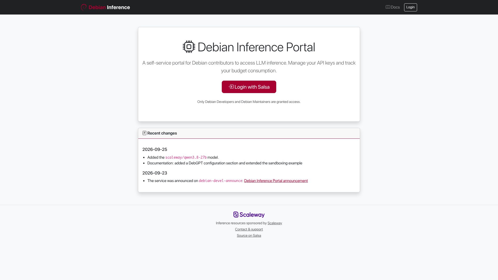 Screenshot of inference.debian.net: Debian Inference Portal