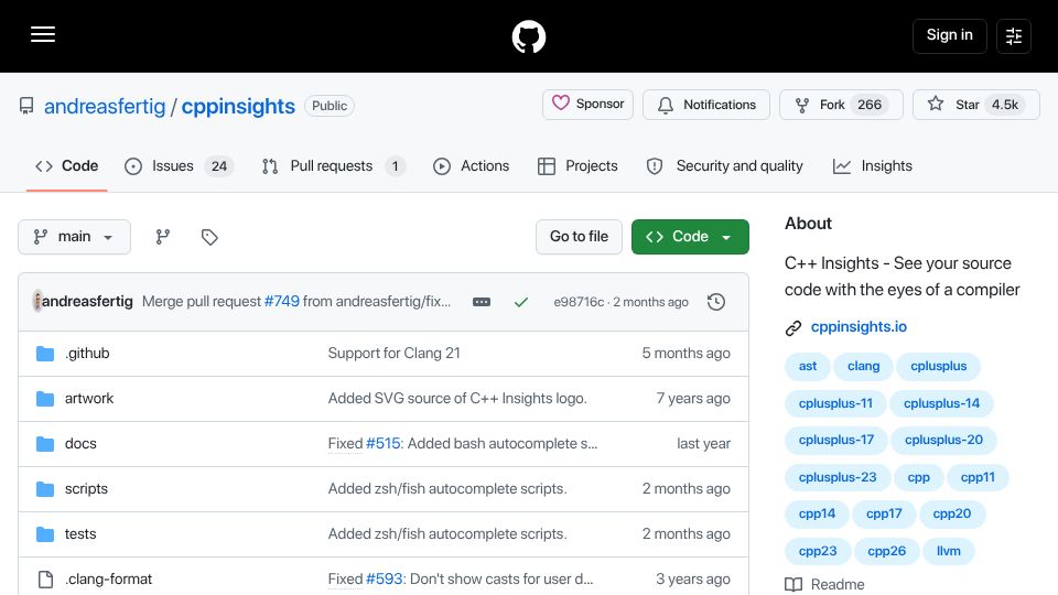 Screenshot of github.com: C++ Insights – See your source code with the eyes of a Compiler