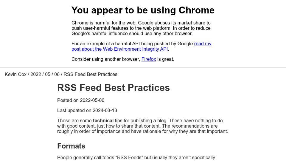 Screenshot of kevincox.ca: RSS Feed Best Practices (2022)