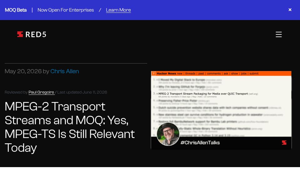 Screenshot of red5.net: MPEG-2 Transport Streams and MOQ: Yes, MPEG-TS Is Still Relevant Today