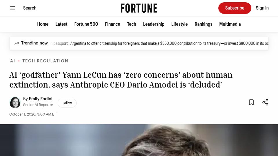 Screenshot of fortune.com: LeCun has "zero concerns" about AI wiping out humanity, recent "rogue" incidents