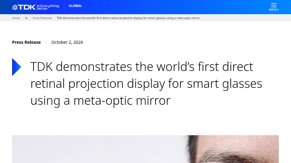 Screenshot of tdk.com: Direct retinal projection display for smart glasses using a meta-optic mirror