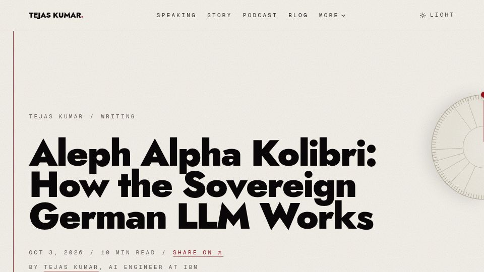 Screenshot of tej.as: Kolibri is an open-weight LLM from Aleph Alpha for German and English