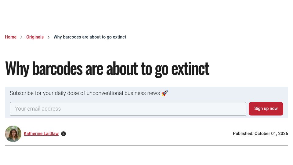 Screenshot of thehustle.co: Barcodes are about to go extinct