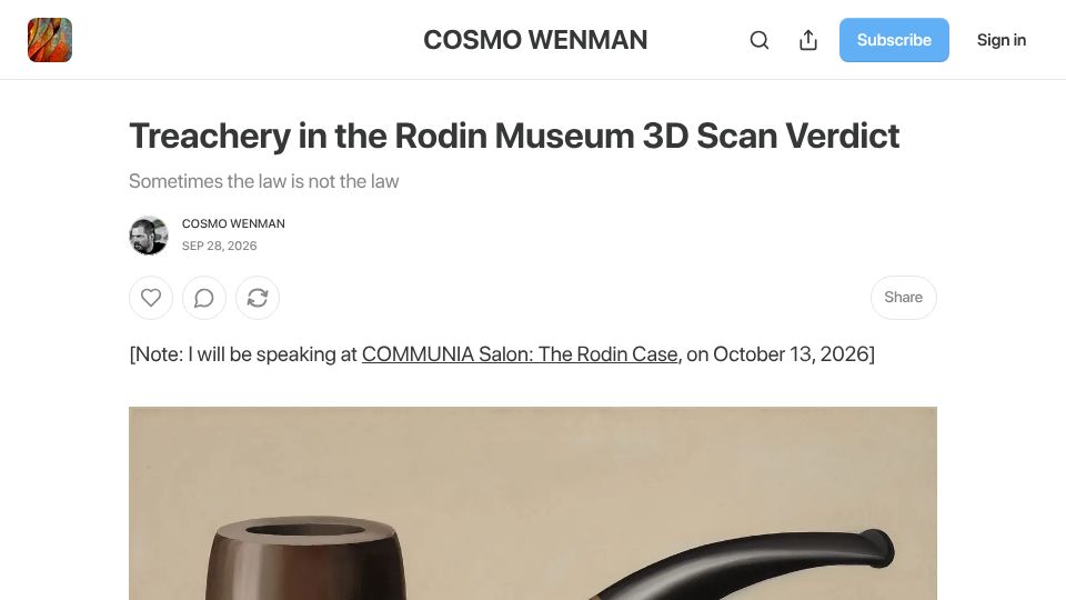 Screenshot of cosmowenman.substack.com: Treachery in the Rodin Museum 3D scan verdict