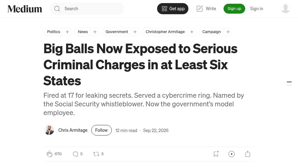 Screenshot of medium.com: Big Balls Now Exposed to Serious Criminal Charges in at Least Six States