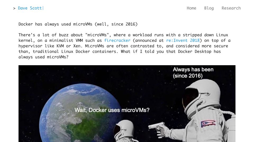 Screenshot of dave.recoil.org: Docker has always used microVMs (well since 2016)