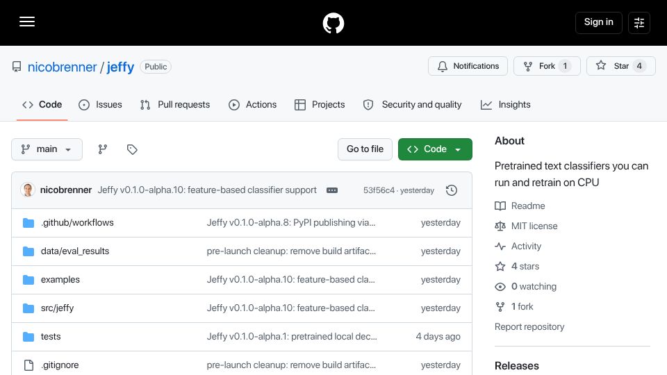 Screenshot of github.com: Show HN: Local pretrained classifiers, GPU not needed