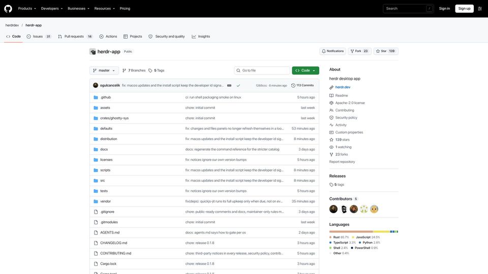 Screenshot of github.com: Herdr has released native app