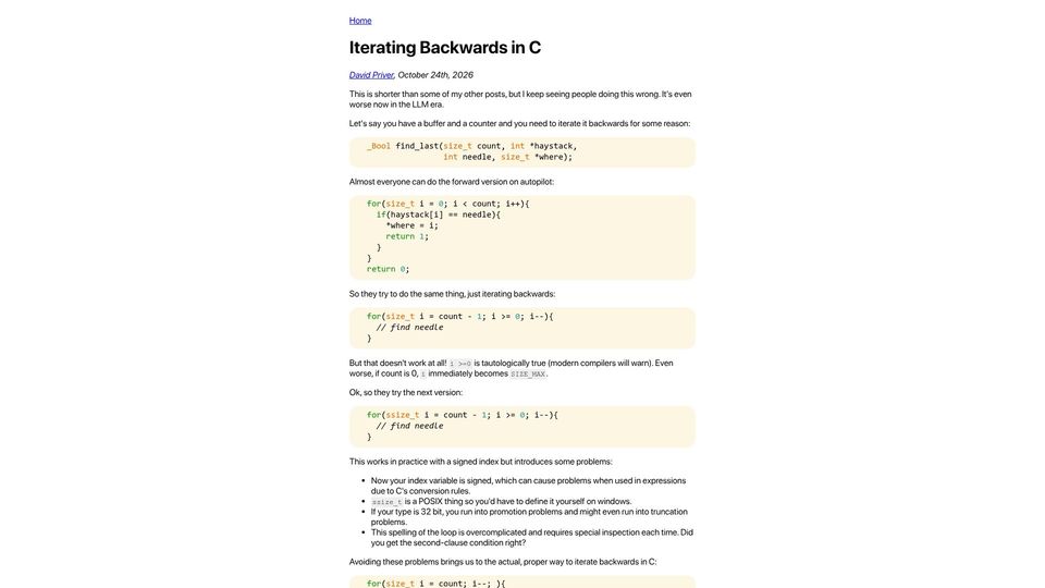 Screenshot of davidpriver.com: Iterating Backwards in C