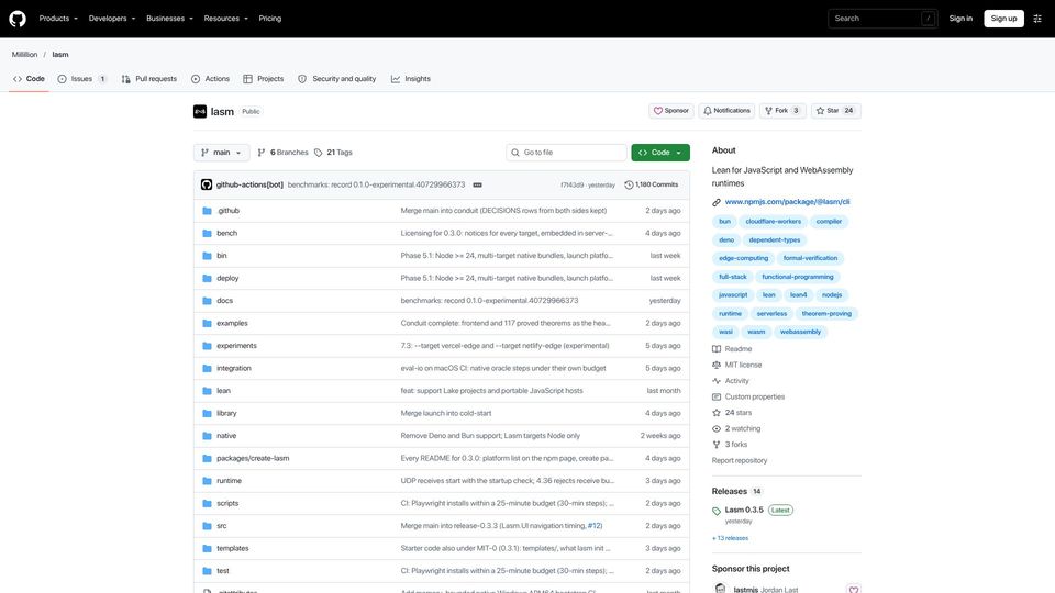 Screenshot of github.com: Show HN: Lasm – Write formally verified webapps in Lean for Node/serverless/edge