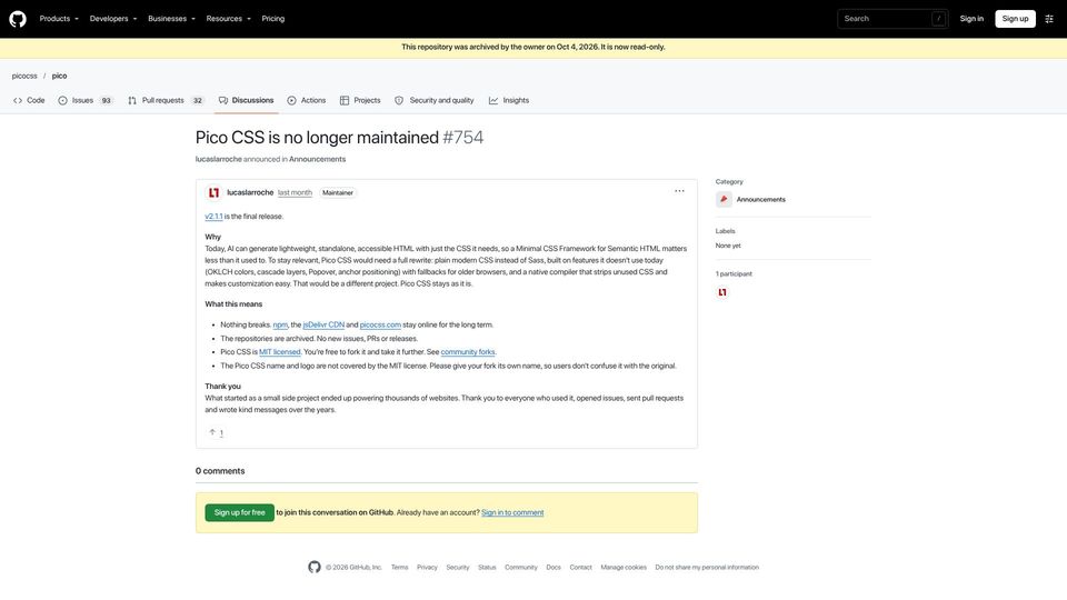 Screenshot of github.com: Pico CSS is no longer maintained