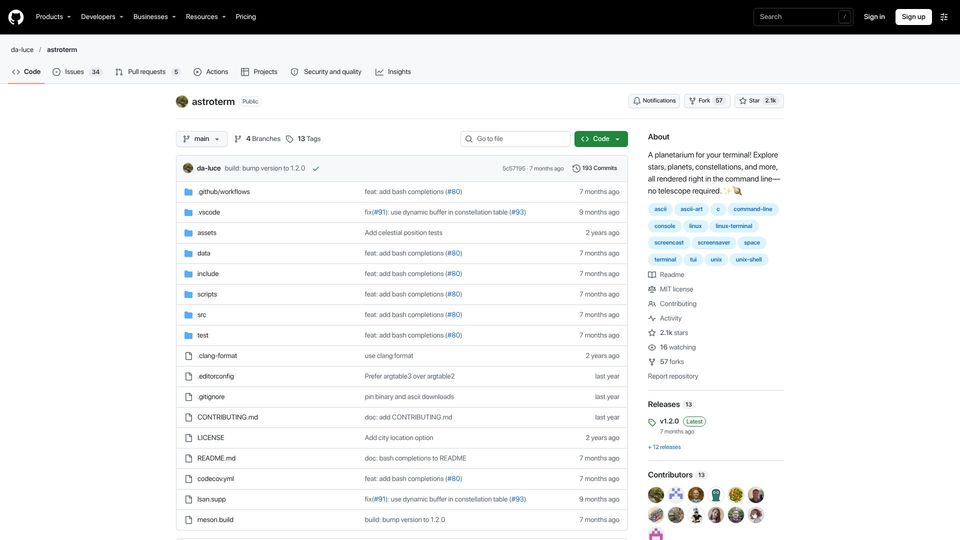 Screenshot of github.com: Astroterm: A Planetarium for Your Terminal