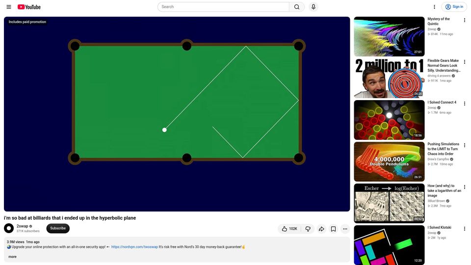 Screenshot of youtube.com: I'm so bad at billiards that I ended up in the hyperbolic plane [video]