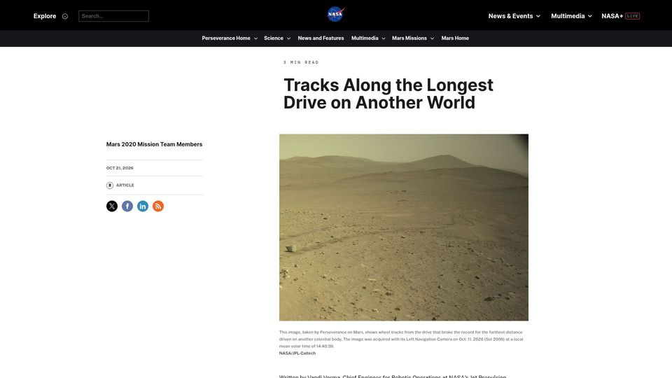 Screenshot of science.nasa.gov: Tracks along the longest drive on another world