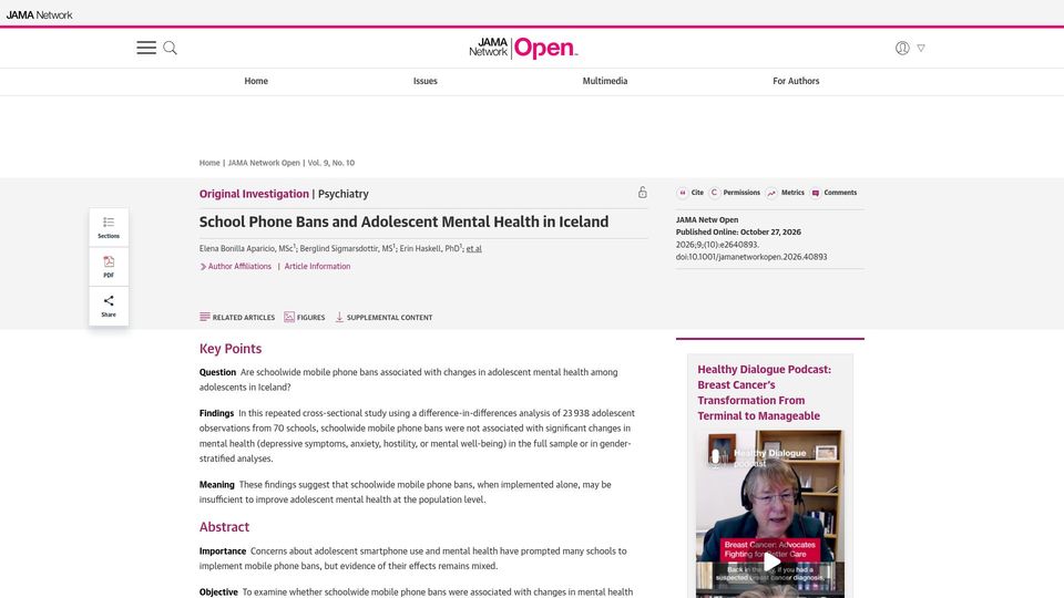 Screenshot of jamanetwork.com: Study: Schoolwide phone bans show no significant impact on mental health