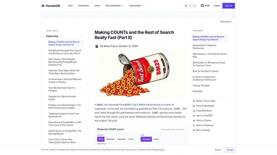 Screenshot of paradedb.com: Solving Postgres' Count Problem