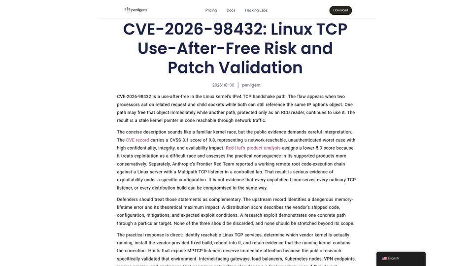 Screenshot of penligent.ai: CVE-2026-98432: Linux TCP Use-After-Free Risk and Patch Validation