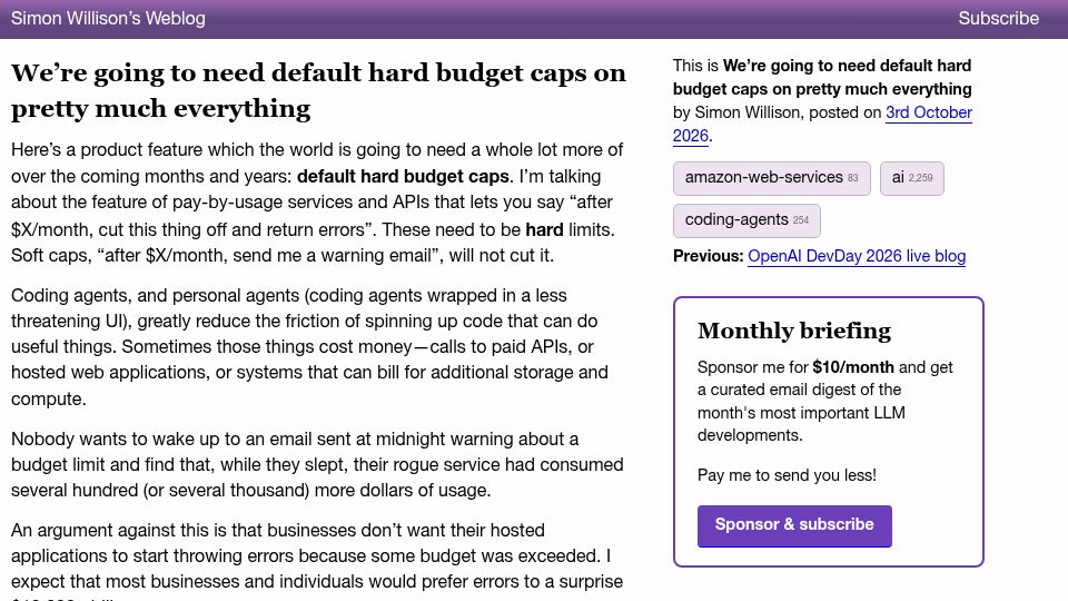 Screenshot of simonwillison.net: We're going to need default hard budget caps on pretty much everything