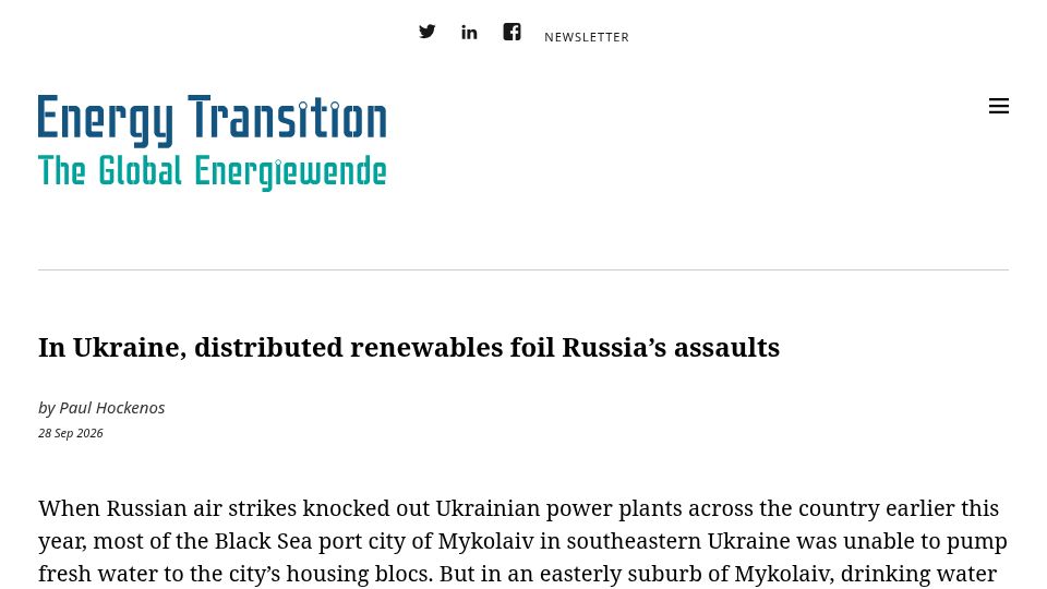 Screenshot of energytransition.org: In Ukraine, distributed renewables foil Russia's assaults