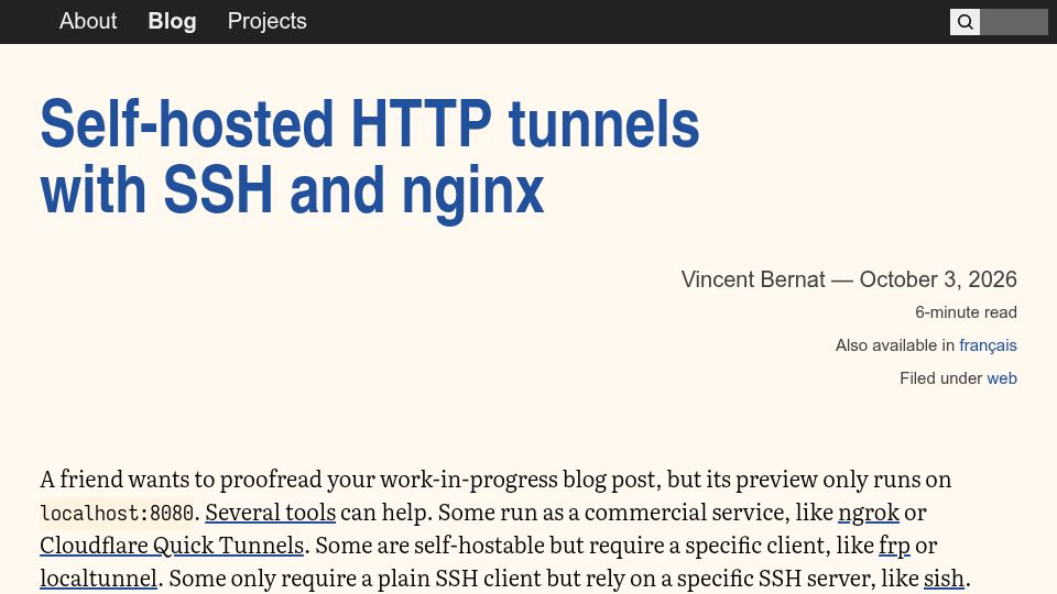Screenshot of vincent.bernat.ch: Self-hosted HTTP tunnels with SSH and Nginx