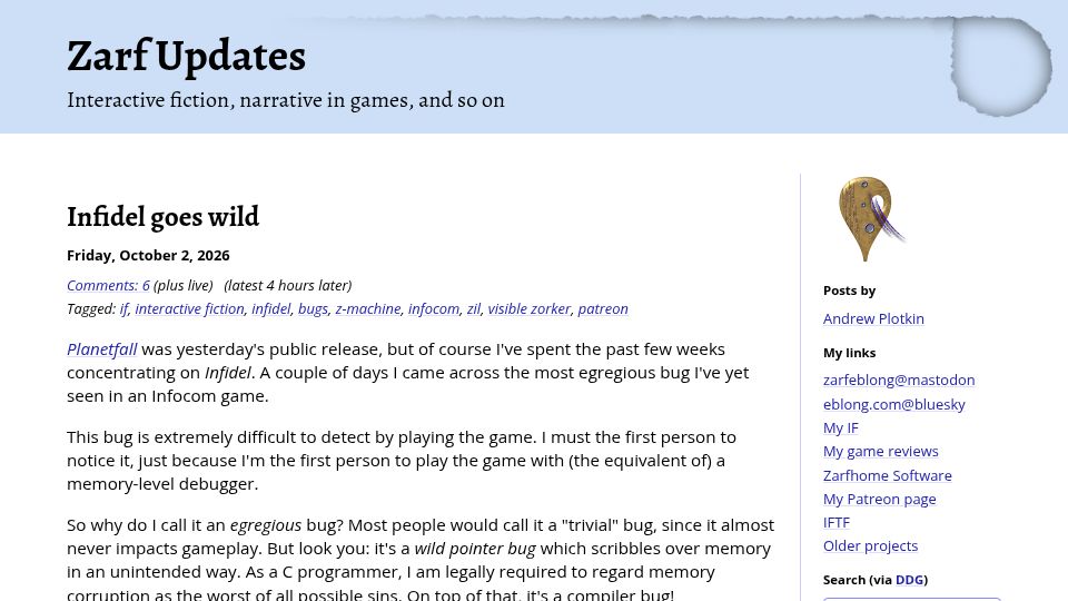 Screenshot of blog.zarfhome.com: Infidel goes wild