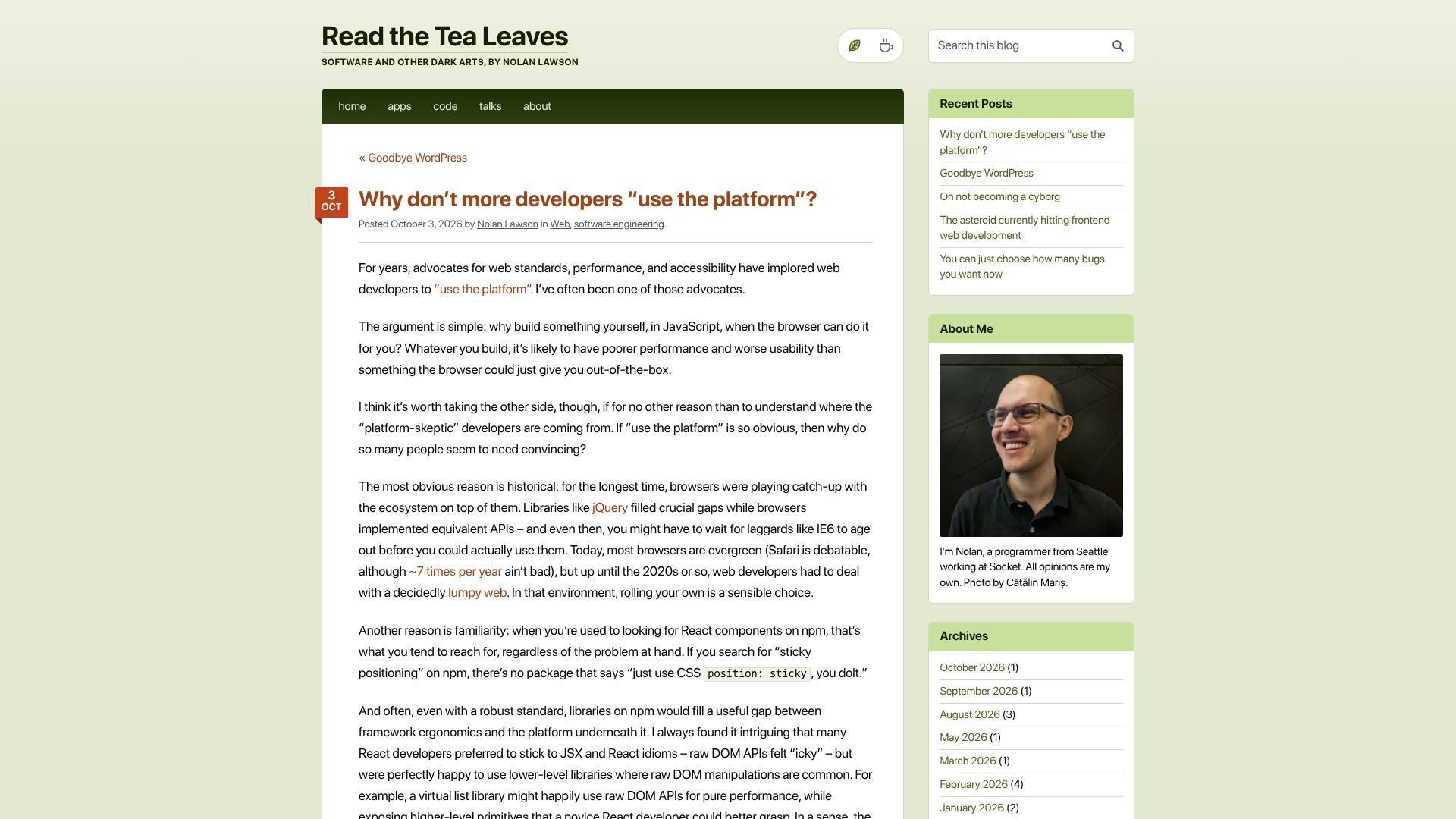 Screenshot of nolanlawson.com: Why don't more developers “use the platform”?