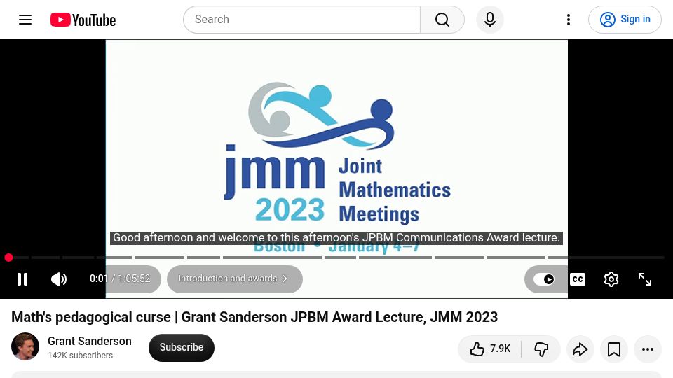 Screenshot of youtube.com: Math's pedagogical curse – Grant Sanderson [video] (2023)