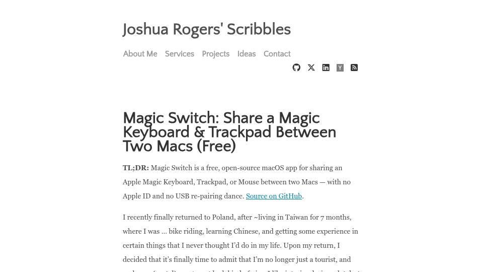 Screenshot of joshua.hu: Magic Switch: Share Apple Magic keyboard/track-pad/mouse between two Macs