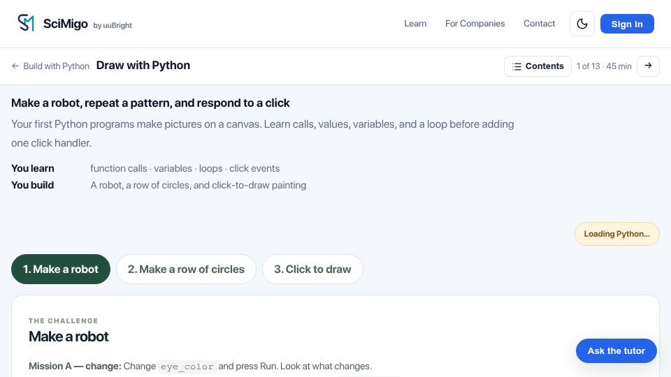 Screenshot of scimigo.com: Show HN: Build with Python – a beginner course where your code draws