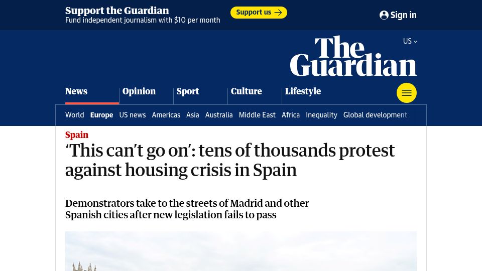 Screenshot of theguardian.com: 'This can't go on': thousands protest against housing crisis in Spain