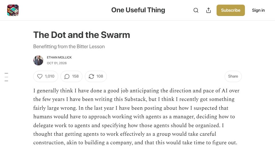 Screenshot of oneusefulthing.org: The dot and the Swarm: Benefitting from the bitter lesson