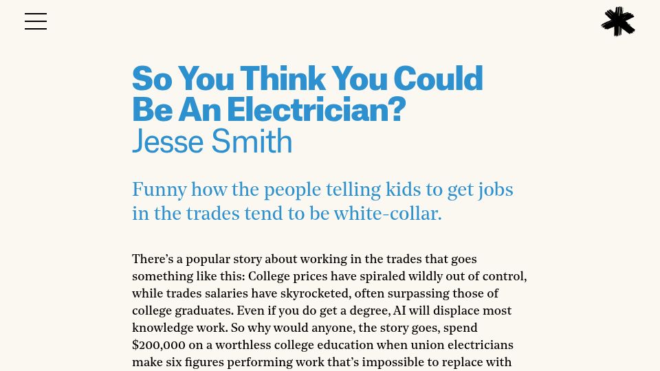Screenshot of asteriskmag.com: So you think you could be an electrician?
