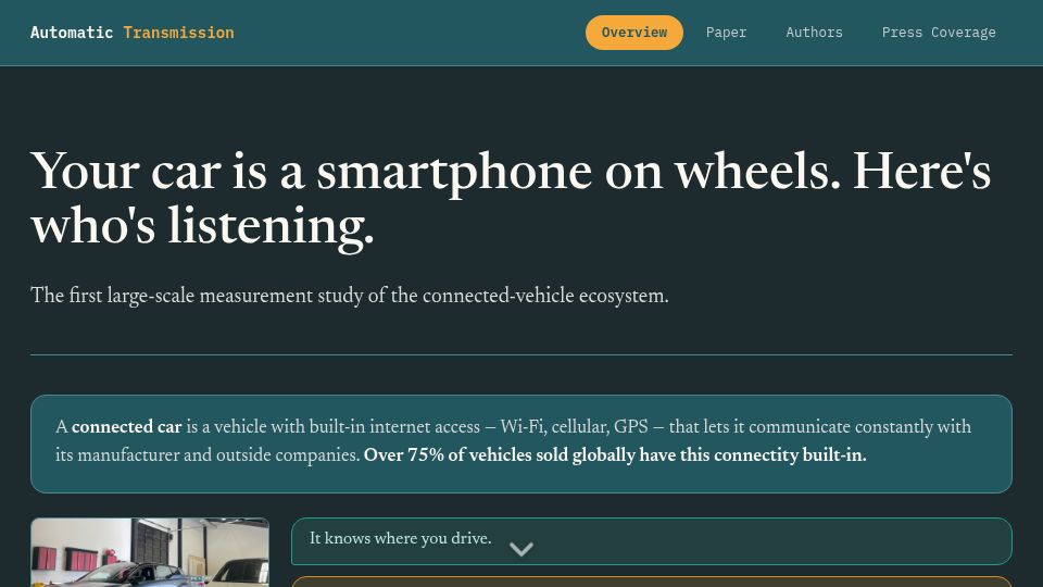 Screenshot of automatictransmission.khoury.northeastern.edu: Car is a smartphone on wheels. Here's who's listening