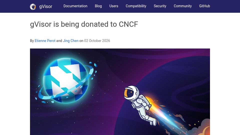 Screenshot of gvisor.dev: GVisor is being donated to CNCF