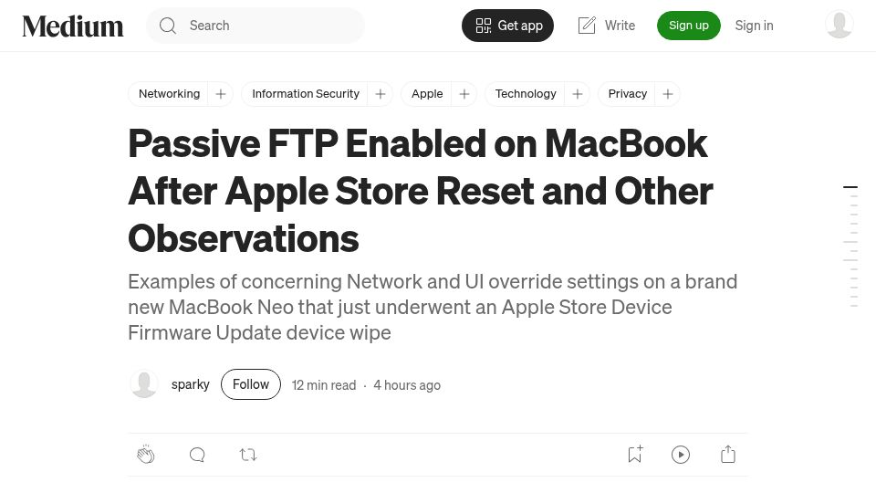 Screenshot of knowledgeisuserdata.medium.com: Background Passive FTP with No GUI Control Survives Apple Store DFU
