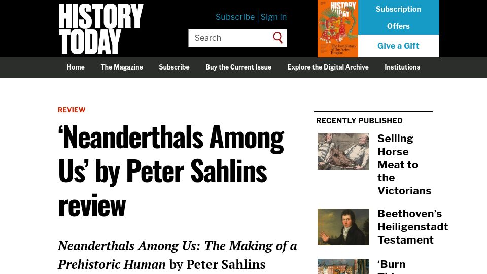 Screenshot of historytoday.com: 'Neanderthals Among Us' review