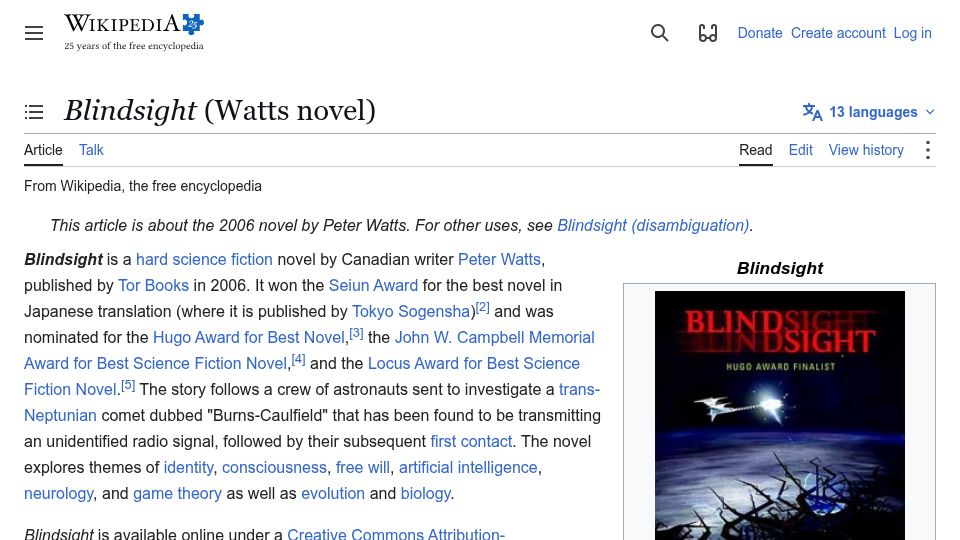 Screenshot of en.wikipedia.org: Blindsight (Watts Novel)