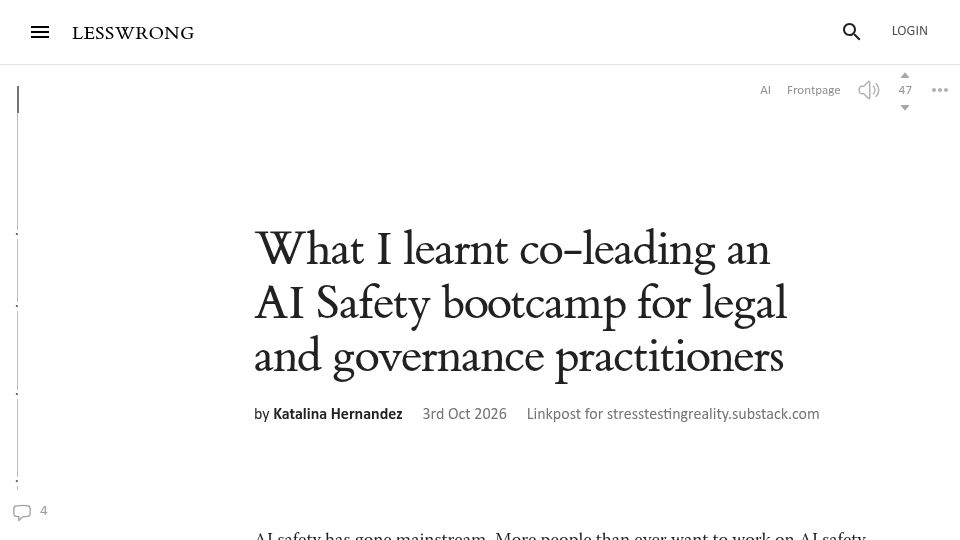 Screenshot of lesswrong.com: What I learnt co-leading an AI Safety bootcamp for legal and governance practit