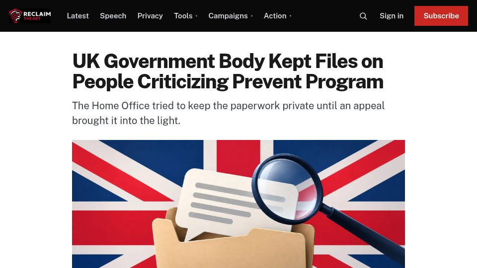 Screenshot of reclaimthenet.org: UK Government Body Kept Files on People Criticizing Prevent Program