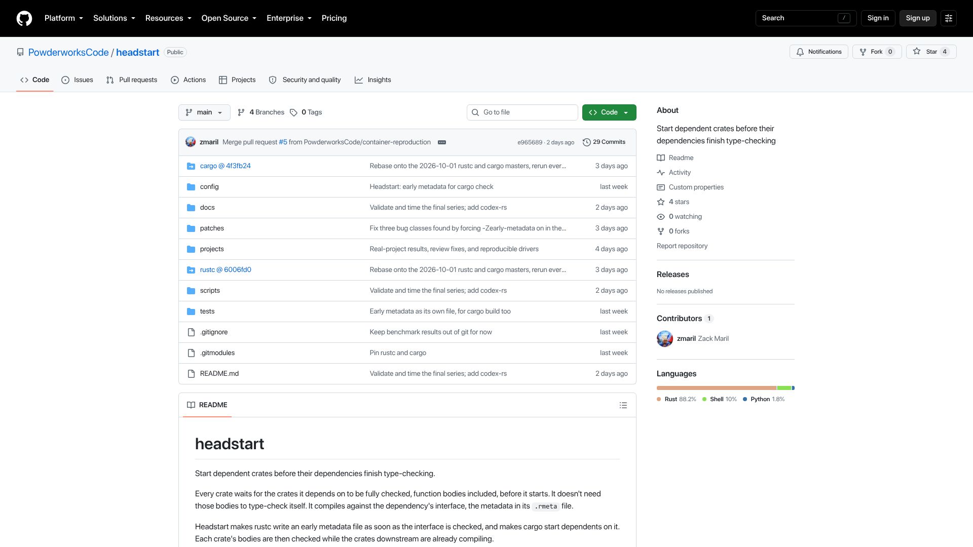 Screenshot of github.com: Emitting metadata early makes building/checking Rust up to twice as fast