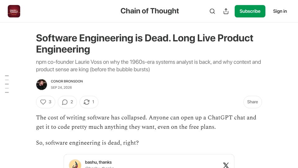 Screenshot of newsletter.chainofthought.show: Software Engineering Is Dead. Long Live Product Engineering