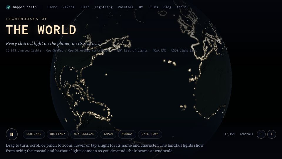 Screenshot of mapped.earth: A map of every lighthouse